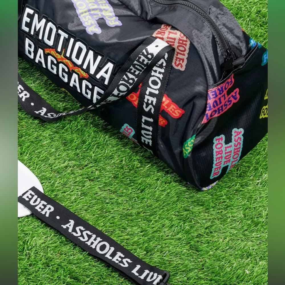 ALF emotion baggage Multi logos printed strap duffle NWT